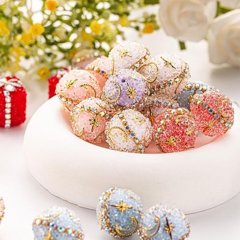 Decoendiy 16Pcs Rhinestone Focal Beads for Pens,Fancy Bling Glitter Sparkle Chunky Diamond Straight Hole Printed Star/Moon Acrylic Beads with Chain,for Jewelry Keychain DIY Making in Kuwait