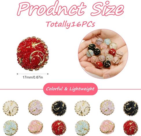 Decoendiy 16Pcs Rhinestone Focal Beads for Pens,Fancy Bling Glitter Sparkle Chunky Diamond Straight Hole Printed Star/Moon Acrylic Beads with Chain,for Jewelry Keychain DIY Making in Kuwait