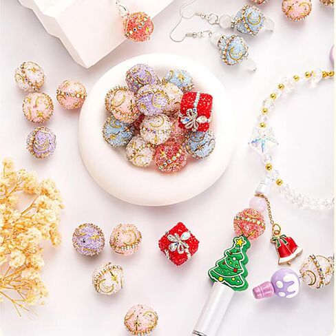 Decoendiy 16Pcs Rhinestone Focal Beads for Pens,Fancy Bling Glitter Sparkle Chunky Diamond Straight Hole Printed Star/Moon Acrylic Beads with Chain,for Jewelry Keychain DIY Making in Kuwait