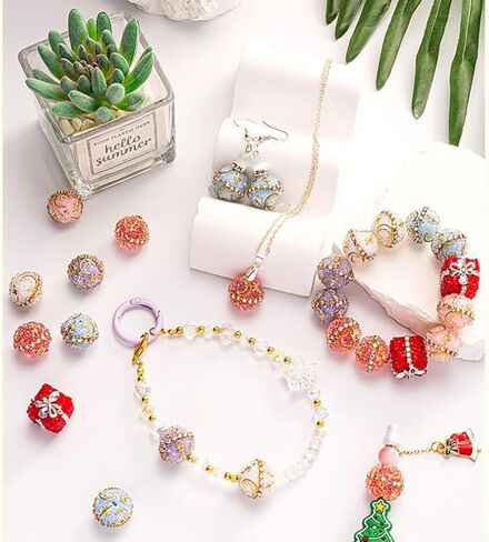 Decoendiy 16Pcs Rhinestone Focal Beads for Pens,Fancy Bling Glitter Sparkle Chunky Diamond Straight Hole Printed Star/Moon Acrylic Beads with Chain,for Jewelry Keychain DIY Making in Kuwait