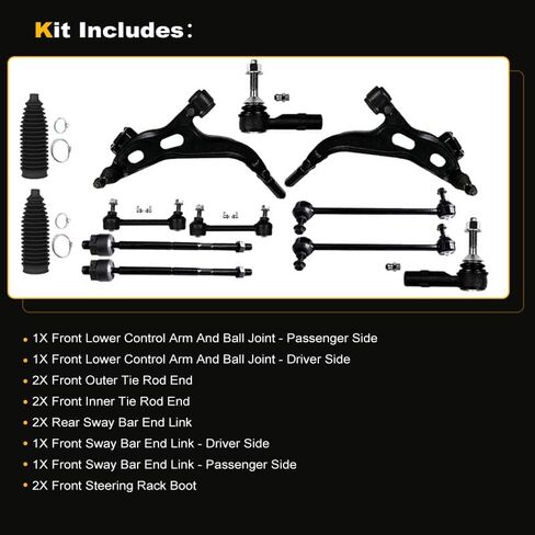 12 Pcs Suspension Kit - Fit 2005-2007 for Mercury Montego 2005-2007 for Ford Five Hundred, Include - Front Lower Control Arm and Ball Joint Outer Inner Tie Rod End w/Boot Sway Bar Link in Kuwait