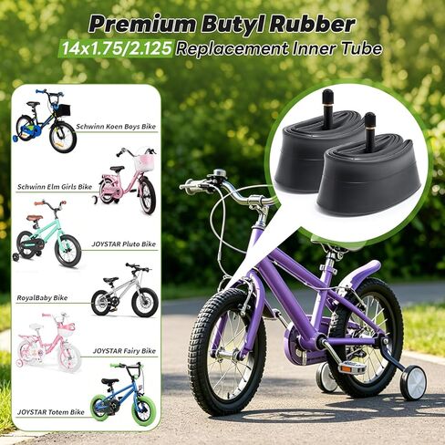أنابيب داخلية للدراجة 14 × 1.75/2.125، أنابيب دراجة 14 بوصة مع جذع صمام شريدر متوافقة مع أنابيب إطارات الدراجة 14 × 1.75 14 × 1.9 14 × 1.95 14 × 2.0 14 × 2.10 14 × 2.125 (قطعتان) in Kuwait