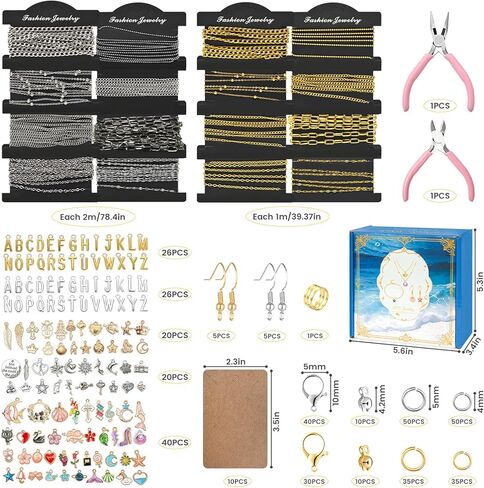 18K Gold Silver Necklace Chains for Jewelry Making - 79FT 16 Rolls Bracelet Chains with Charms - Letter Pendants, Jump Rings, Lobster Clasps, Pliers and Accessories for DIY Jewelry Crafting Gifts in Saudi Arabia