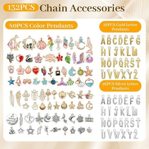18K Gold Silver Necklace Chains for Jewelry Making - 79FT 16 Rolls Bracelet Chains with Charms - Letter Pendants, Jump Rings, Lobster Clasps, Pliers and Accessories for DIY Jewelry Crafting Gifts in Saudi Arabia