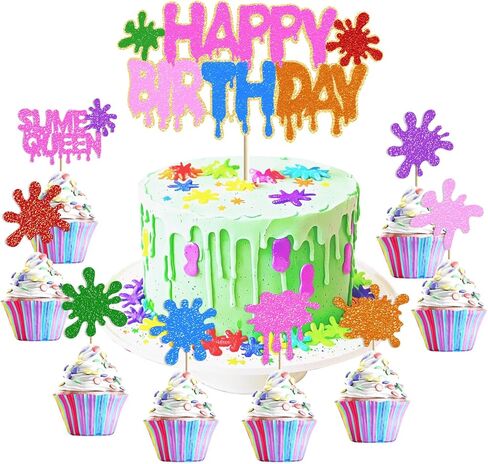 Slime Queen Birthday Cake Decorations - Colorful Glitter Happy Birthday Cake Cupcake Toppers for Kids Girls Boys Slime Splatter Splash Paint Art Themed Birthday Party Supplies Decoration in Saudi Arabia