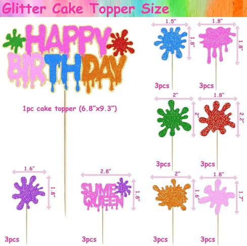 Slime Queen Birthday Cake Decorations - Colorful Glitter Happy Birthday Cake Cupcake Toppers for Kids Girls Boys Slime Splatter Splash Paint Art Themed Birthday Party Supplies Decoration in Saudi Arabia