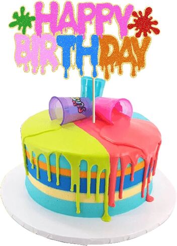 Slime Queen Birthday Cake Decorations - Colorful Glitter Happy Birthday Cake Cupcake Toppers for Kids Girls Boys Slime Splatter Splash Paint Art Themed Birthday Party Supplies Decoration in Saudi Arabia