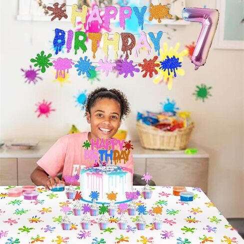 Slime Queen Birthday Cake Decorations - Colorful Glitter Happy Birthday Cake Cupcake Toppers for Kids Girls Boys Slime Splatter Splash Paint Art Themed Birthday Party Supplies Decoration in Saudi Arabia