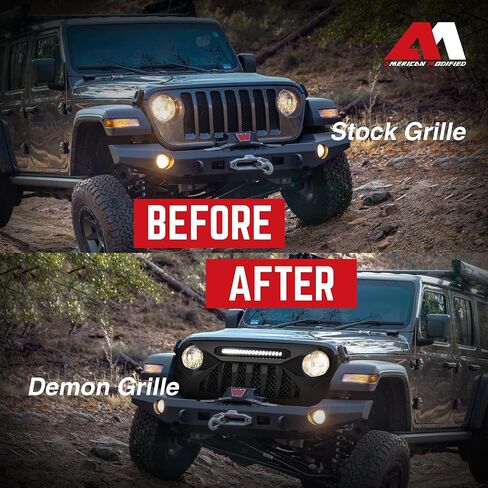 AMERICAN MODIFIED Demon Grille with LED Off Road Lights Compatible with 2018 to 2021 Wrangler JL and Gladiator JT without Trailcam, Matte Black in Saudi Arabia