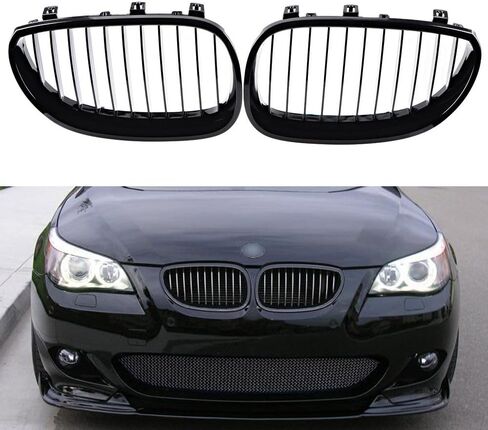 Front Glossy Black Wide Kidney Center Grilles Compatible with 2003-2010 BMW E60 E61 5 Series Replacement in Kuwait