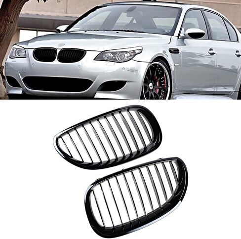 Front Glossy Black Wide Kidney Center Grilles Compatible with 2003-2010 BMW E60 E61 5 Series Replacement in Kuwait