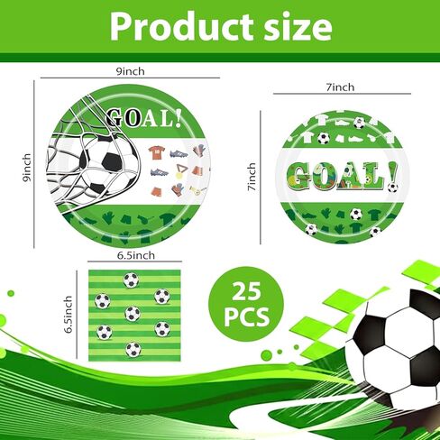 Soccer Birthday Party Decorations Tableware Set for 25 Guests, GOAL Soccer Paper Plates and Napkins, 9 Inch Dinner Plates, 7 Inch Dessert Plates for World Cup Soccer Theme Birthday Party Supplies in Saudi Arabia