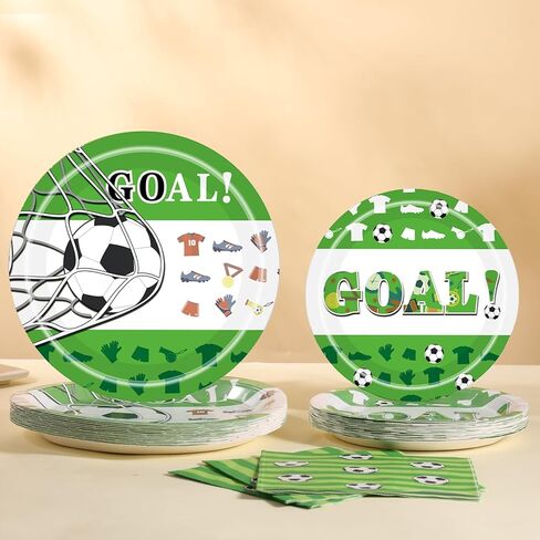 Soccer Birthday Party Decorations Tableware Set for 25 Guests, GOAL Soccer Paper Plates and Napkins, 9 Inch Dinner Plates, 7 Inch Dessert Plates for World Cup Soccer Theme Birthday Party Supplies in Saudi Arabia
