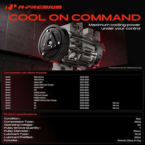 A-Premium AC Compressor with Clutch Compatible with BMW X5 2019-2025, X6 2020-2025, X7 2019-2025, 750i xDrive, Alpina B7, M5, M550i xDrive, M8 Gran Coupe, M850i xDrive, M850i xDrive Gran Coupe in Kuwait