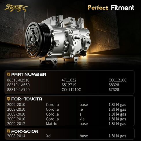Oktiger AC Compressor with Clutch for Toyota Corolla 2009 2010 1.8L, Matrix 2009-2012 1.8L, for Scion Xd Base 2008-2014 Replacement Air Conditioner AC Compressor, OE 88310-02510 in Saudi Arabia