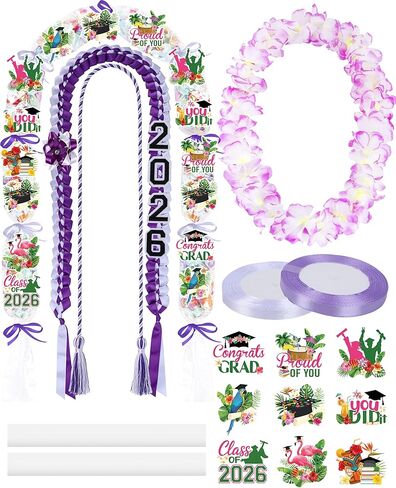 CRASHOT Hawaiian Violet Graduation Lei Set, DIY 2026 Grad Gift with Floral Lei, Braided Ribbon, 6 Bags, Violet & White Honor Cord, 16 Decorative Cards & Glue Spots in Kuwait