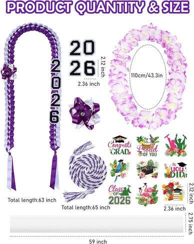 CRASHOT Hawaiian Violet Graduation Lei Set, DIY 2026 Grad Gift with Floral Lei, Braided Ribbon, 6 Bags, Violet & White Honor Cord, 16 Decorative Cards & Glue Spots in Kuwait