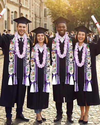 CRASHOT Hawaiian Violet Graduation Lei Set, DIY 2026 Grad Gift with Floral Lei, Braided Ribbon, 6 Bags, Violet & White Honor Cord, 16 Decorative Cards & Glue Spots in Kuwait