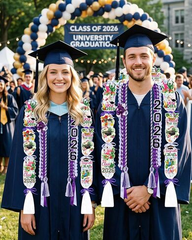 CRASHOT Hawaiian Violet Graduation Lei Set, DIY 2026 Grad Gift with Floral Lei, Braided Ribbon, 6 Bags, Violet & White Honor Cord, 16 Decorative Cards & Glue Spots in Kuwait