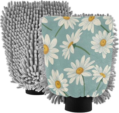 ALAZA Daisy Flower Car Wash Mitt Scratch Free, 2 Pack Absorbent Microfiber/Chenille Washing & Drying Mitts, M in Saudi Arabia