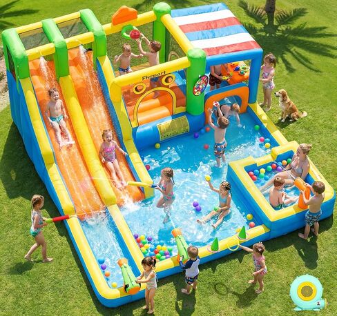FBSPORT Inflatable Bounce House Double Water Slide,11 in 1 Inflatable Water Slide Park with 680W Blower, Splash Pool, Climbing Wall, Bouncy Castle for Indoor Outdoor Backyard in Saudi Arabia