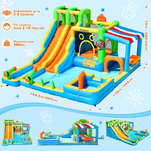 FBSPORT Inflatable Bounce House Double Water Slide,11 in 1 Inflatable Water Slide Park with 680W Blower, Splash Pool, Climbing Wall, Bouncy Castle for Indoor Outdoor Backyard in Saudi Arabia