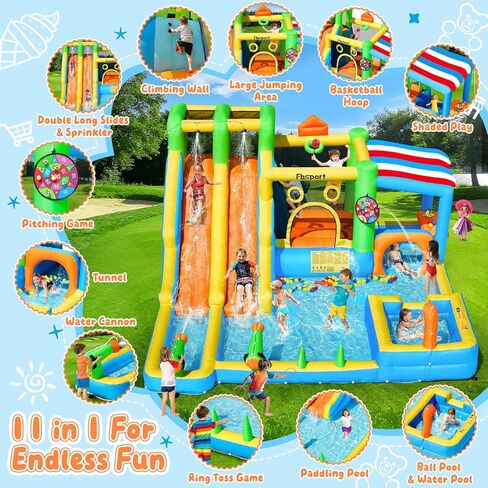 FBSPORT Inflatable Bounce House Double Water Slide,11 in 1 Inflatable Water Slide Park with 680W Blower, Splash Pool, Climbing Wall, Bouncy Castle for Indoor Outdoor Backyard in Saudi Arabia