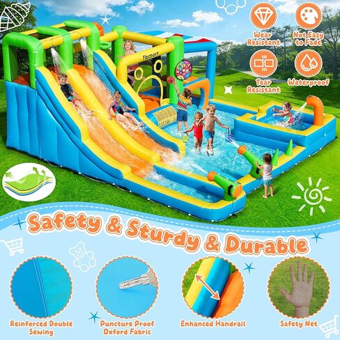 FBSPORT Inflatable Bounce House Double Water Slide,11 in 1 Inflatable Water Slide Park with 680W Blower, Splash Pool, Climbing Wall, Bouncy Castle for Indoor Outdoor Backyard in Saudi Arabia