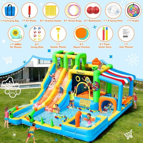 FBSPORT Inflatable Bounce House Double Water Slide,11 in 1 Inflatable Water Slide Park with 680W Blower, Splash Pool, Climbing Wall, Bouncy Castle for Indoor Outdoor Backyard in Saudi Arabia