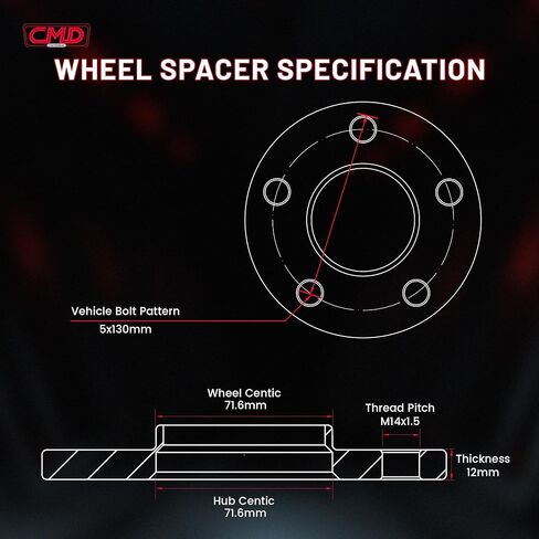 5x130 Wheel Spacers,12mm/0.47 Inch Thich Hub Centric Forged CNC Machined Spacer Center Bore 71.6mm M14x1.5 Studs Compatible for Cayman Boxster 911 Cayenne Panamera Q7 2Pcs in Saudi Arabia