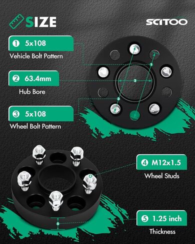 قطعتان من SCITOO فواصل عجلات 1.25 بوصة 5x108 إلى 5x108 مع مسامير 12x1.5 تتحمل 63.4 مم متوافقة مع لينكولن كورسير 2020-2022، لجاكوار XF 2009-2022 in Kuwait