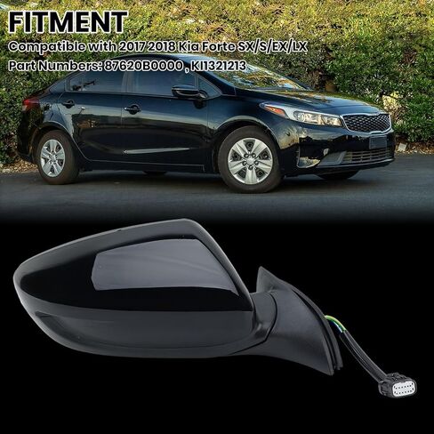 Right Passenger Side Mirror Compatible with 2017 2018 Kia Forte Right Rear View Door Mirror Assembly Heated Manual Folding Power Glass Black 5 Pins 87620B0000 KI1321213 in Kuwait