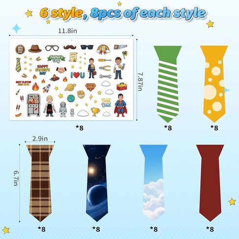 48Pcs Fathers Day Crafts for Kids Classroom with 8pcs Father's Day Stickers DIY Tie Fathers Day Decorations Father's Day Decor Make Your Own Tie Bulk Crafts in Saudi Arabia