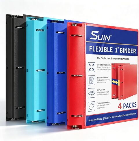 SUIN Adjustable 1'' 3 Ring Binders, Plastic 1 Inch O-Rings Binder, Holds 200 Sheets Letter Size 8.5 x 11'',Used for School Office Home, Assorted 4 Colors, in Kuwait