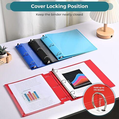 SUIN Adjustable 1'' 3 Ring Binders, Plastic 1 Inch O-Rings Binder, Holds 200 Sheets Letter Size 8.5 x 11'',Used for School Office Home, Assorted 4 Colors, in Kuwait