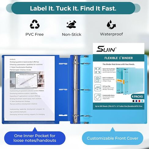 SUIN Adjustable 1'' 3 Ring Binders, Plastic 1 Inch O-Rings Binder, Holds 200 Sheets Letter Size 8.5 x 11'',Used for School Office Home, Assorted 4 Colors, in Kuwait