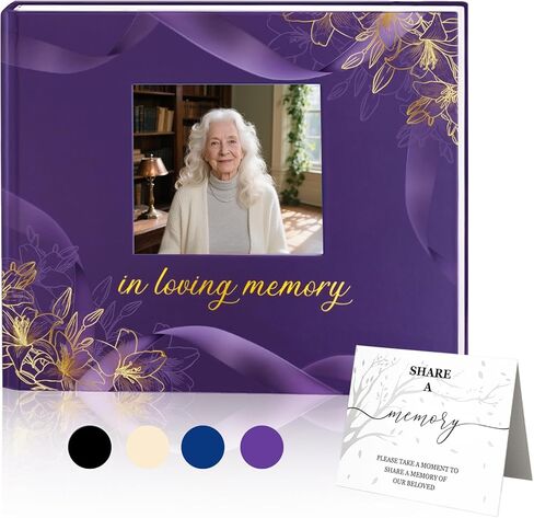 Elegant Funeral Guest Book - in Loving Memory Guestbook with Photo Slot - 330 Entries Memorial Guest Sign in Book for Funeral Service, 9"x7.5", Purple in Saudi Arabia