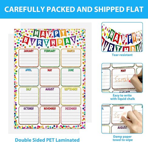 Birthday Chart for Classroom - Confetti Birthday Poster Calendar Reusable Laminated Classroom Happy Birth Day Chart Bulletin Board Decorations Back to School Teacher Supplies in Saudi Arabia