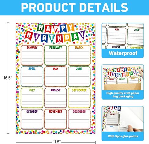 Birthday Chart for Classroom - Confetti Birthday Poster Calendar Reusable Laminated Classroom Happy Birth Day Chart Bulletin Board Decorations Back to School Teacher Supplies in Saudi Arabia