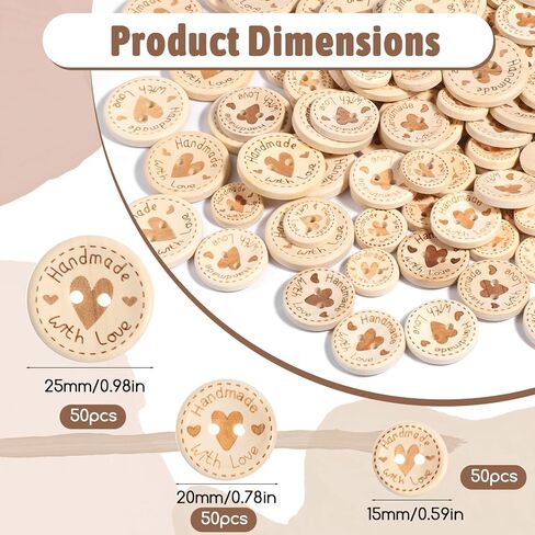 150Pcs Wooden Buttons for Crafts Handmade with Love Button 2 Holes Round Cute Craft Button for Clothing Sewing DIY Crafts Embellishment Accessories Clothes Decor (15mm/20mm/25mm in Saudi Arabia