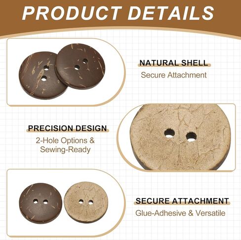 Natural Coconut Shell Buttons, 2 Holes Wooden Buttons - Fitting for (Sewing - DIY Crafts - Decorations - Shirt Clothing) 20 Pcs & 40 mm & Brown in Saudi Arabia