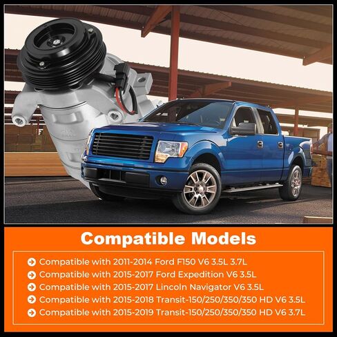 168662 A/C Air Conditioner Compressor Assembly with Clutch Compatible with 2011-2014 Ford F150, For 2015-2017 Expedition/Lincoln Navigator, 15-19 Transit-150/250/350/350 HD V6 3.5L 3.7L for TEM276050 in Saudi Arabia