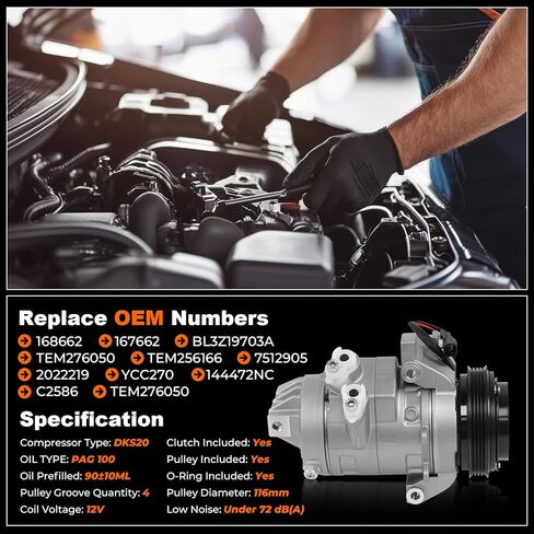 168662 A/C Air Conditioner Compressor Assembly with Clutch Compatible with 2011-2014 Ford F150, For 2015-2017 Expedition/Lincoln Navigator, 15-19 Transit-150/250/350/350 HD V6 3.5L 3.7L for TEM276050 in Saudi Arabia