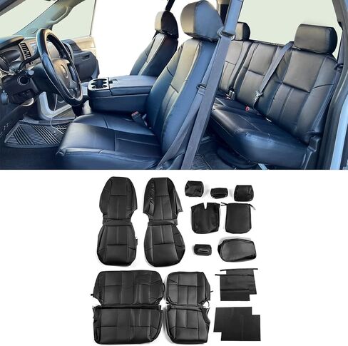 Kojem Seat Cover Replacement Compatible with 2007-2014 Chevrolet Silverado 1500 2500 3500 Extended Cab Front & Rear Black Synthetic Leather Full Set Seat Cover in Kuwait