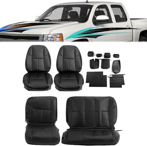 Kojem Seat Cover Replacement Compatible with 2007-2014 Chevrolet Silverado 1500 2500 3500 Extended Cab Front & Rear Black Synthetic Leather Full Set Seat Cover in Kuwait