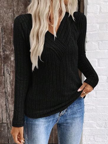 Women's V-Neck Long Sleeve Sweater Soft Casual Knitted Top for Fall Comfortable and Stylish Grey in Saudi Arabia