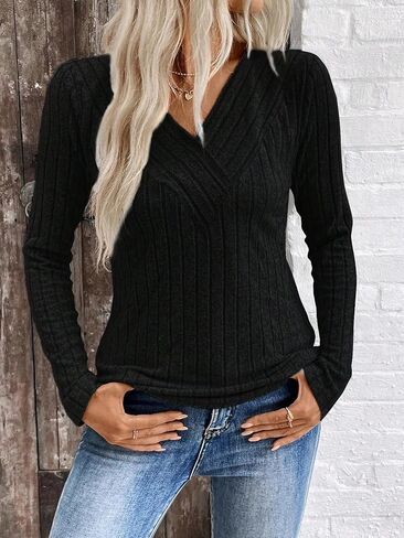 Women's V-Neck Long Sleeve Sweater Soft Casual Knitted Top for Fall Comfortable and Stylish Grey in Saudi Arabia