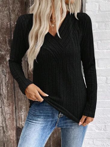 Women's V-Neck Long Sleeve Sweater Soft Casual Knitted Top for Fall Comfortable and Stylish Grey in Saudi Arabia