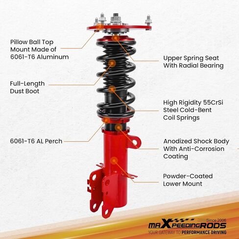 maxpeedingrods Coilovers لنيسان ألتيما سيدان L32 2007-2012، ألتيما كوبيه D32 2008-2013، لنيسان ماكسيما سيدان A35 2009-2014، طقم خفض تعليق كويلوفر قابل للتعديل باللون الأحمر in Kuwait