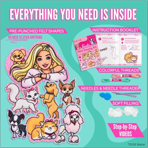 Barbie® Sewing Kit for Kids Ages 6-12 - Sew Your Own Puppy and Kitten Felt Pet Craft with Stuffing | Beginner Arts and Crafts Gift for Girls in Kuwait